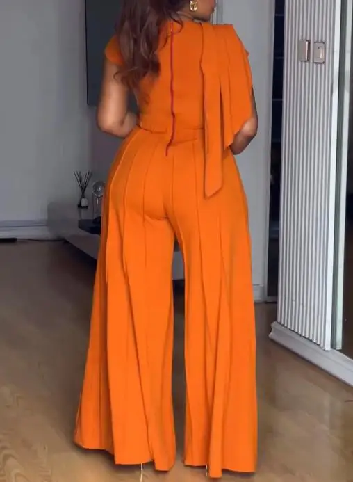

2026 Elegant Sexy Asymmetrical Neck Short Sleeve Ruched Draped Zipper Back Overalls Casual Seam Design Wide Leg Jumpsuit