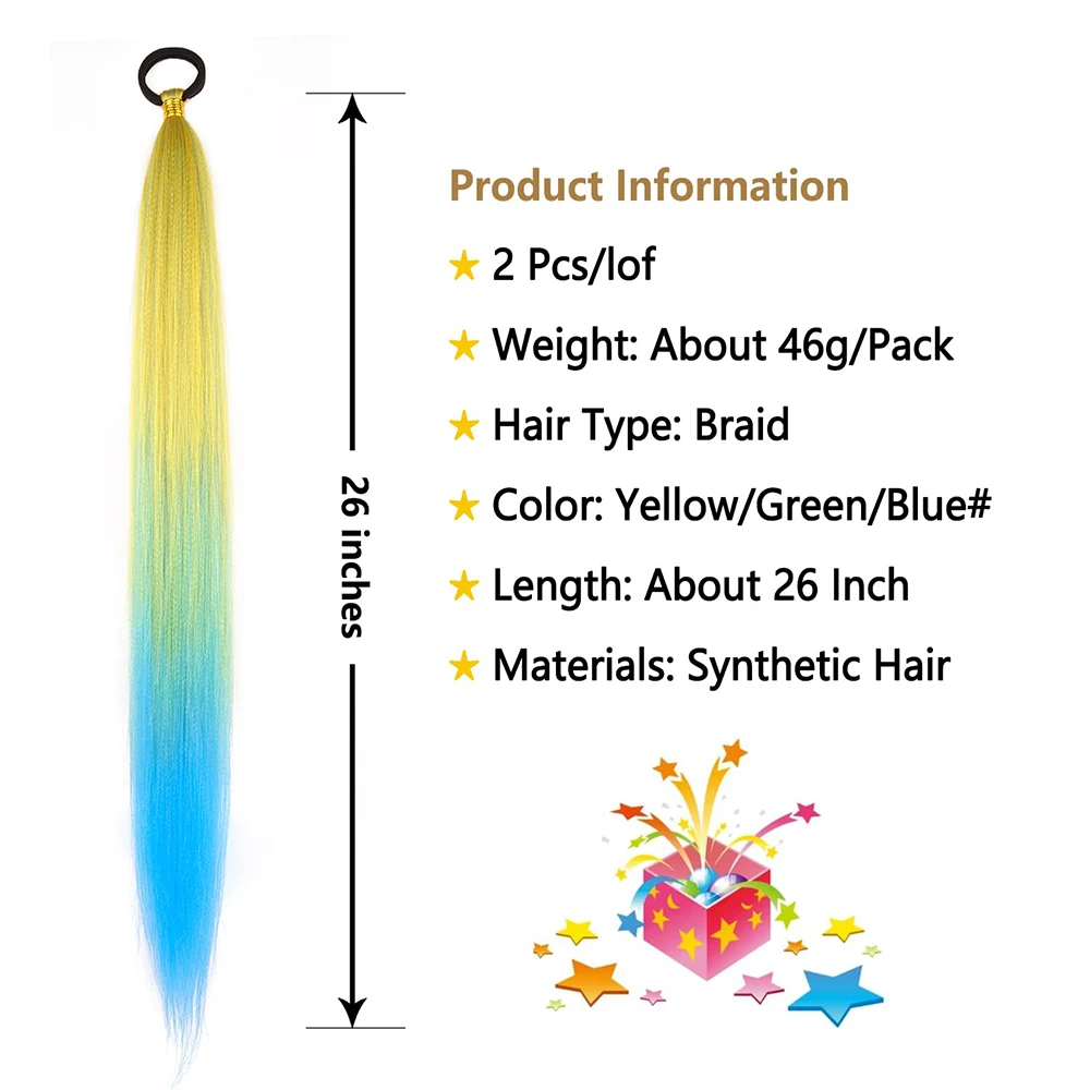 ポニーテール-伸縮性のあるネクタイ付きのピンクのポニーテールエクステンション,26インチの滑らかなラップ,黄色と青のグラデーション,2パック