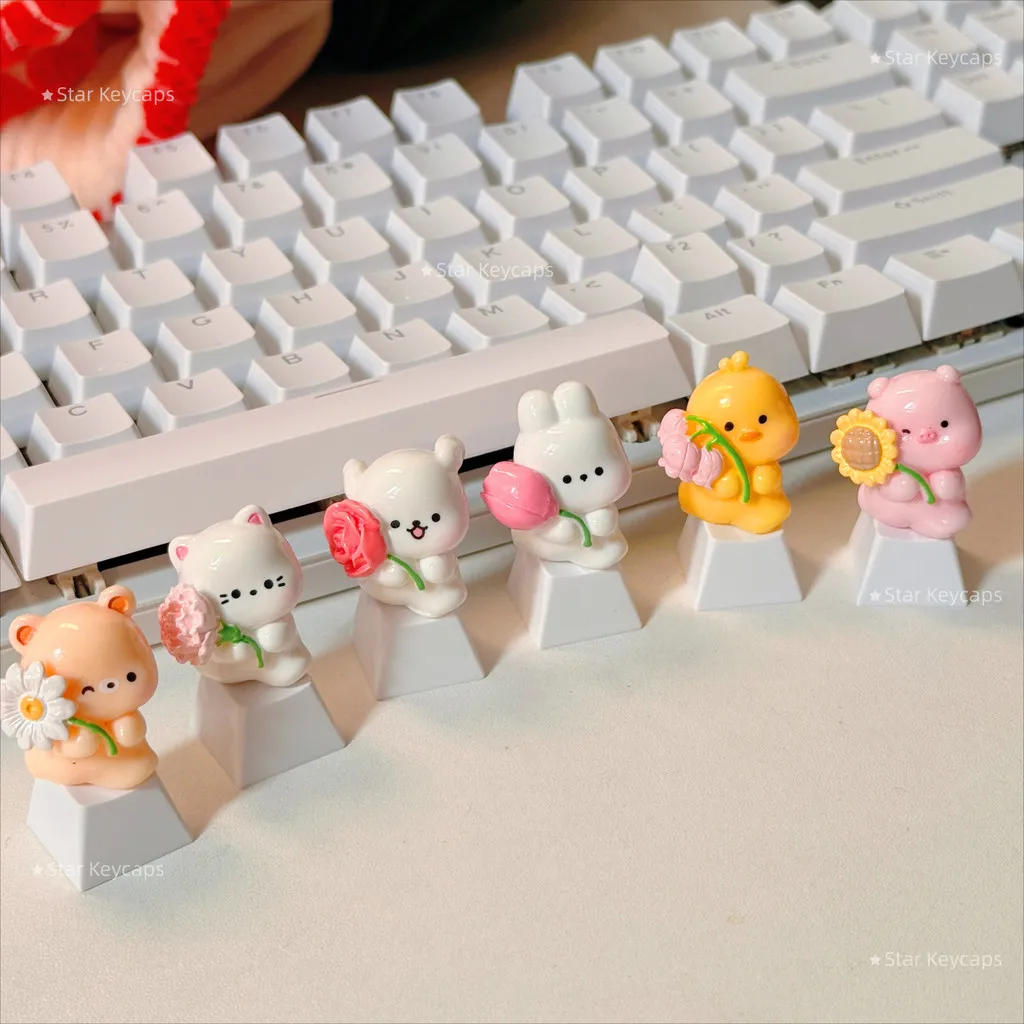 Cute Flower Bear Keycaps Personalized Cute Custom Key Caps Accessories Mechanical Keyboard Esc Resin Material Keycap Gifts