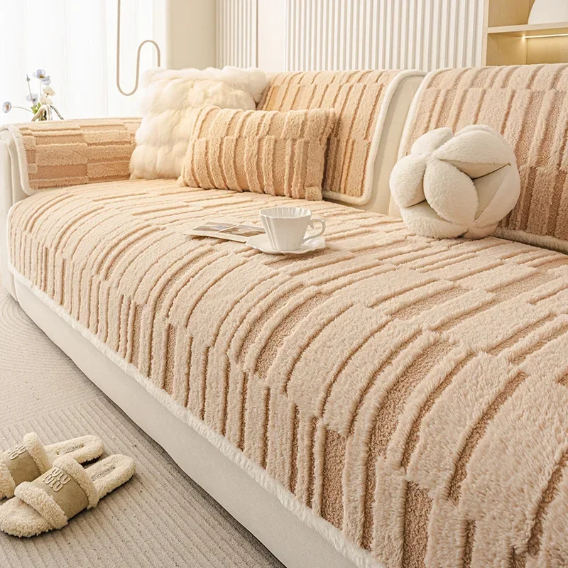 Autumn and Winter Rabbit Fur Sofa Cushion Pet-friendly Minimalist Thicken Fixed Anti Slip Straight Sofa Cover Cloth Sofa Cushion