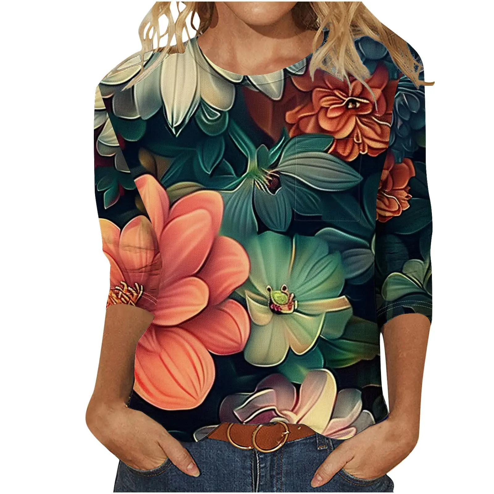 

Floral print fashion casual 2024 spring and autumn top loose women's design sense seven quarter long sleeved WA21