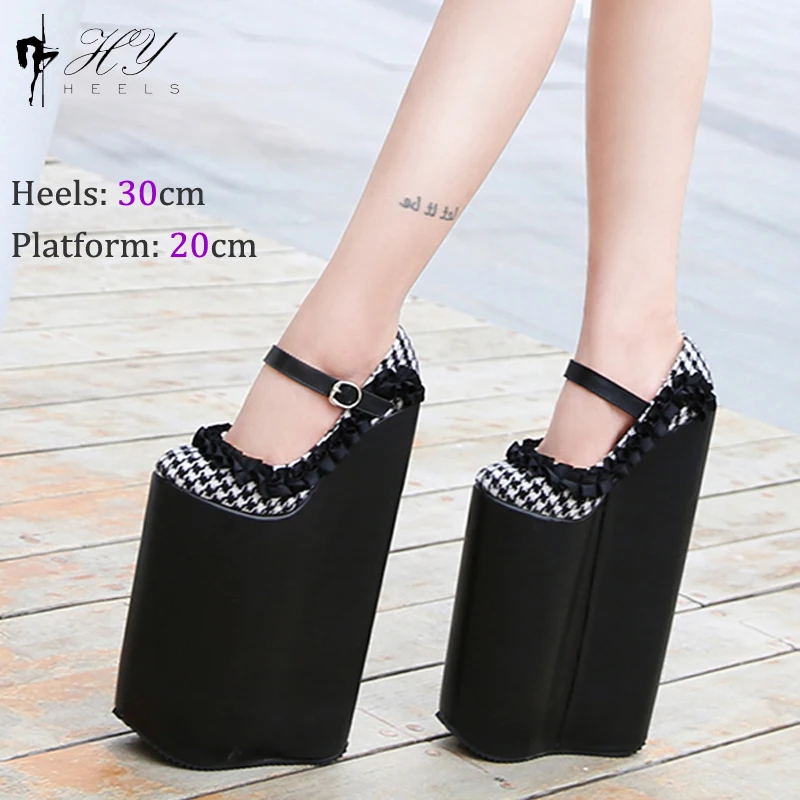 Super High Heels 30 cm Thin Heels Fetish Women Fashion Platform Round Toe Lace-Up Female Pumps Branded Shoes Highest Heels