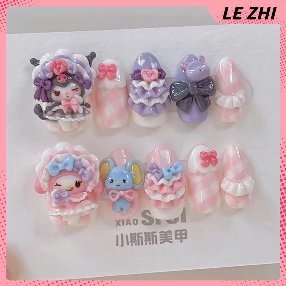 5D Doll Handmade Sanriod Press On Nails Hello Kitty Cinnamoroll Mymelody Kuromi High-End Customization Cute Full Cover Nail Tips