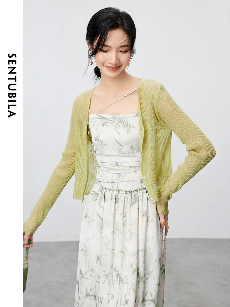 SENTUBILA V-neck Casual Cropped Knitted Cardigan 2024 Summer Straight Single Breasted Solid Long Sleeve Tops Clothing W42H55364