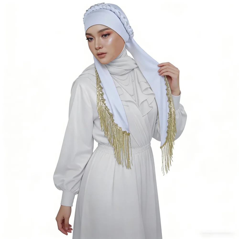 

Мягкий тюрбан с косами из бисера и кисточкой с блестками, длинный хвост, хиджаб, химиотерапевтическая шапка для женщин, мусульманский исламский головной платок, повязка на голову, капот Mujer