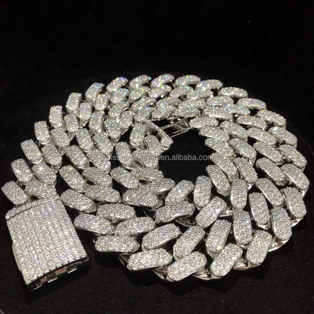 

Customized Hip-hop 20mm Wide Full Diamond Cuban Chain Necklace with 3 Rows of Mosan Diamonds 925 Sterling Silver Mens Jewelry