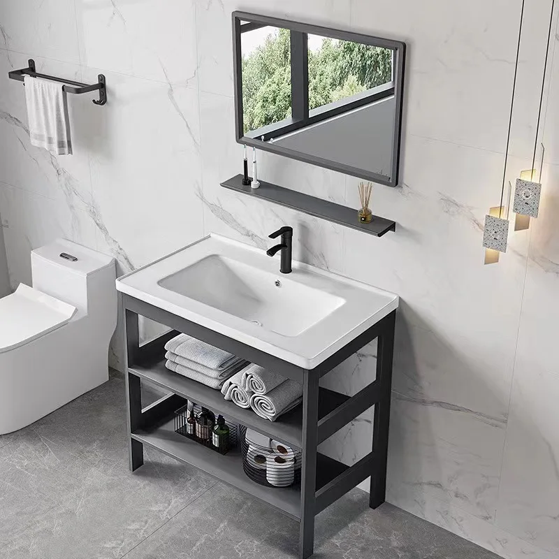 

Space aluminum bathroom cabinet small apartment balcony floor-to-ceiling wash basin integrated ceramic basin household