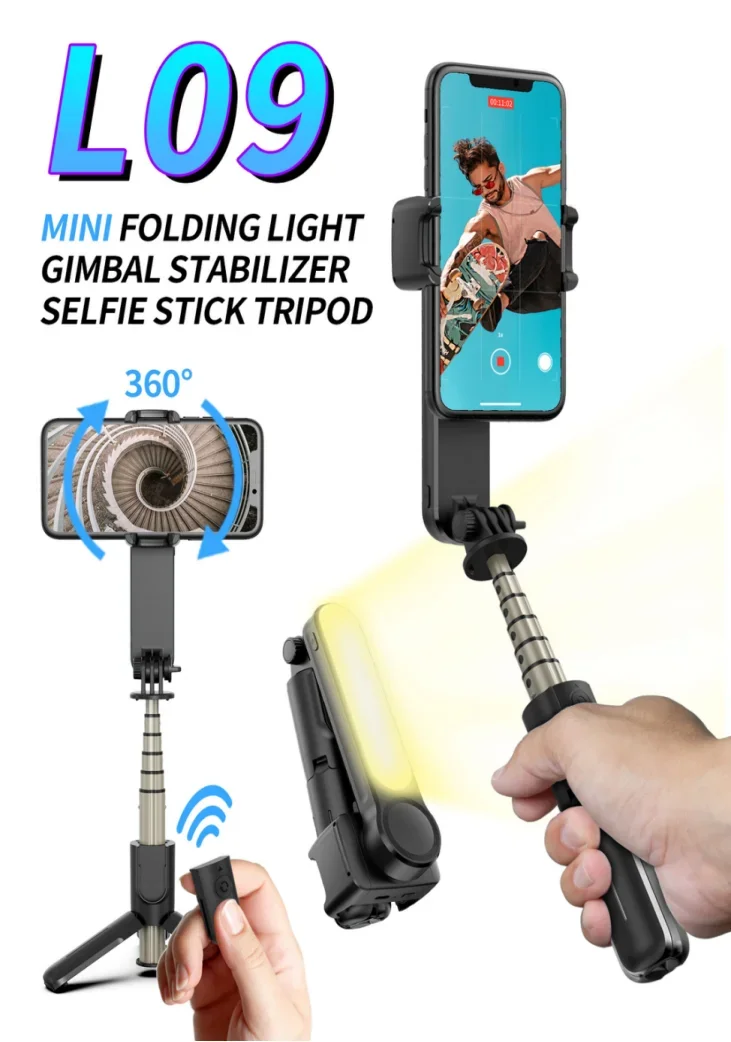 L09 1 Axis Smart Telescopic Tripod Selfie Stick Gimbal Gimble Phone Stabilizer with LED Light