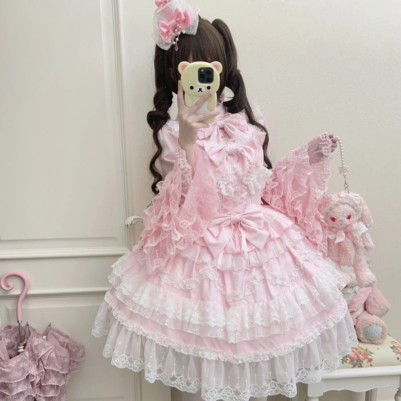 Lolita Kawaii Y2k Langarm-Trägerkleid Japanisches Knielanges Damenkleid Elegantes Spitzen-Schleifen-Patchwork-Ballkleid Süß für Alle Jahreszeiten – Detail 5