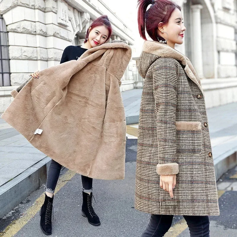 2023 Winter New Hooded Thickened Wool Plaid Coat Rabbit Hair Simple Fur Thickened Warm Long Hooded H-shaped Women's High Grade