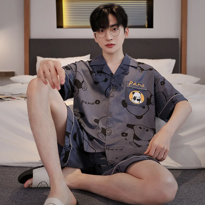 Cartoon Cotton Summer Thin Men's Cardigan Pajamas Short Sleep Tops Pant Sleepwear Male Home Suit Homewear Casual Pyjamas