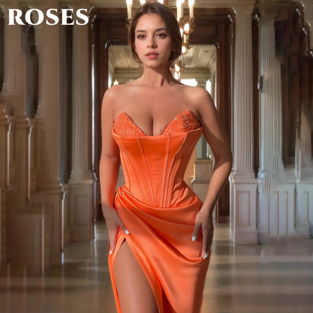 ROSES Orange Sexy Evening Gown Sweetheart Backless Prom Dress with Fishbone Beadwork Satin Side High Split Ball Gown Customized