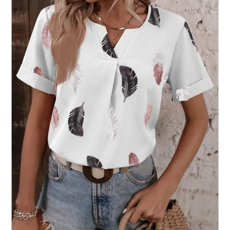 Women's Summer New Short Sleeved Printed Top V-neck Feather Printed Short Sleeved Round Neck Pullover Loose T-shirt Ladies's Top