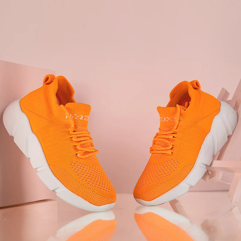 

Fashion Orange Knit Sneakers For Women Original Lace-up Socks Running Shoes Men Lightweight Breathable Casual Men's Sports Shoes