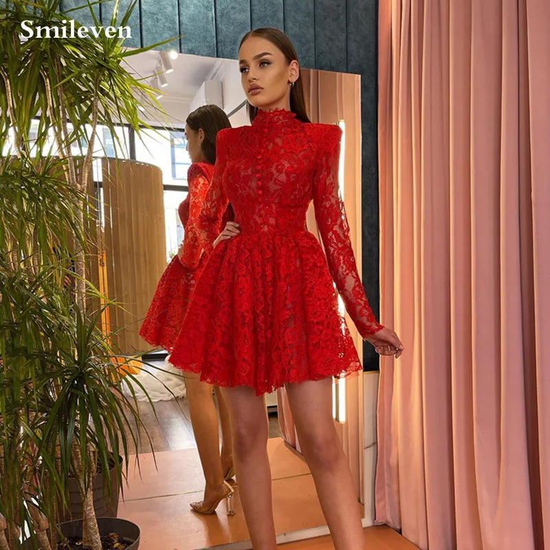 Smileven Lace Mini Red Cocktail Dress Long Sleeve High Neck vestidos de noche Sexy Formal Occasion Dresses Party Gowns 2023