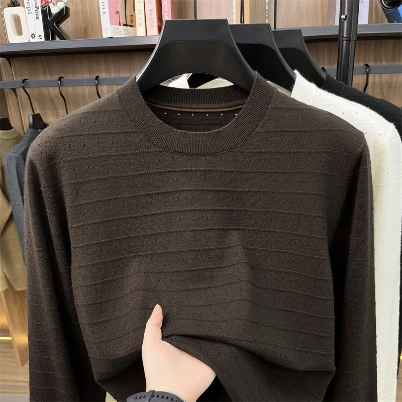 Round Neck Knitted Sweater for Men, Light Mature Style, Hollowed Out Breathable Sweater, Fashionable Trend
