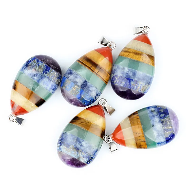 7 Chakras Energy Water Drop Oval 5 Pcs Pendant Necklace Natural Gemstones Pendulum Meditation Reiki Crystal Amethyst Jewelry