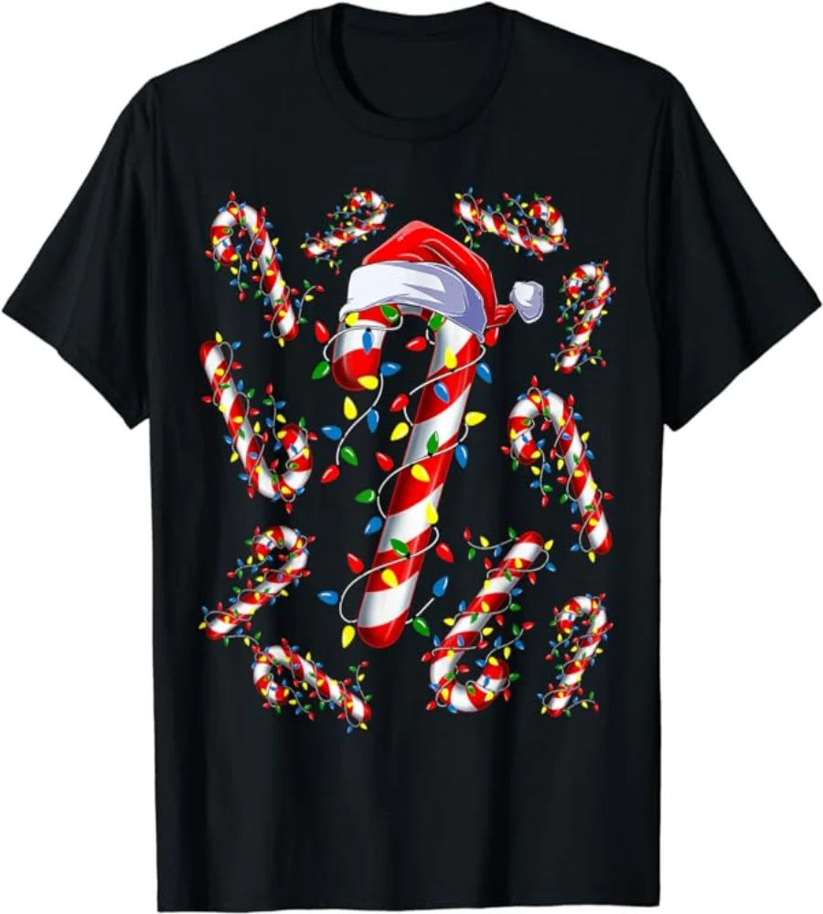 

Men's Summer Red and White Candy Cane Santa Christmas Funny Xmas Lights Casual Everyday T-Shirt 04195