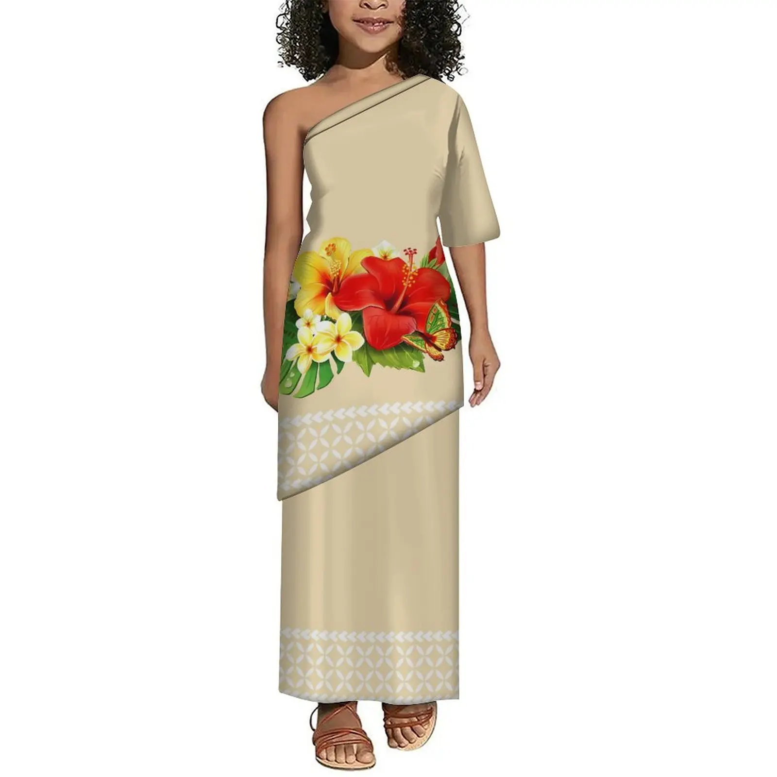 New Design Polynesian Island Puletasi Two-Piece Girls' Sleeveless Top Sloping Shoulder And Maxi Dress Samoan Children'S Clothing