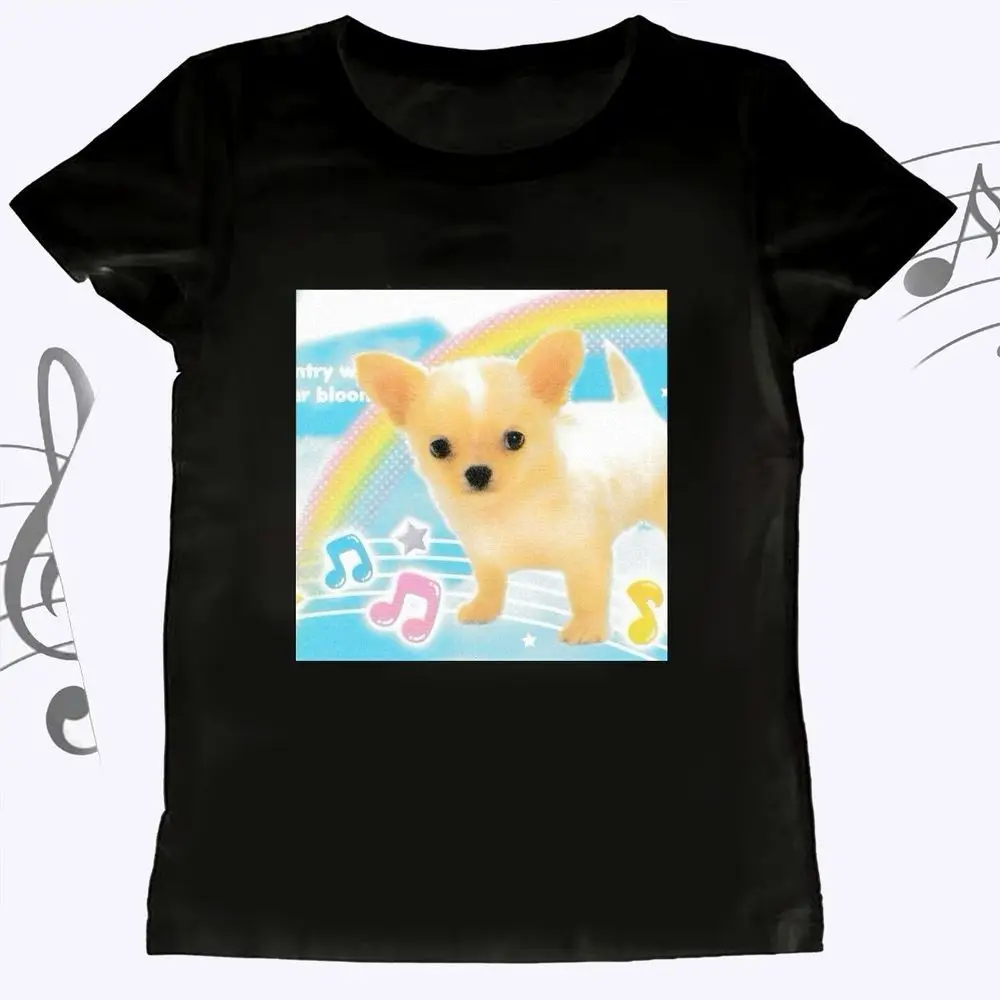 Kawaii Y2k Chihuahua Puppy Graphic T-Shirt 2000s Women Summer Short Sleeve Rainbow Music Note Print Vintage Female Casual Tops