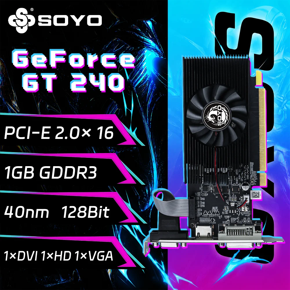 SOYO Graphics Cards NVIDIA GeForce GT240 1G GDDR3 128bit  HDMI*1 VGA*1DVI*1 Video Card For Desktop Gaming Computer GPU GT 240