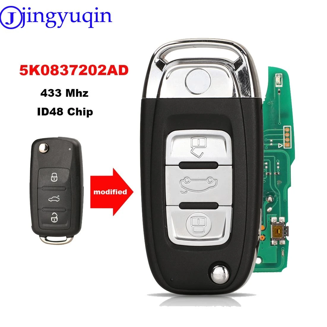 

jingyuqin 433MHZ ID48 Chip Remote Car Key For VW Volkswagen GOLF PASSAT Tiguan Polo Jetta Beetle Hella 5K0837202AD/AJ/B/C/DT/AF
