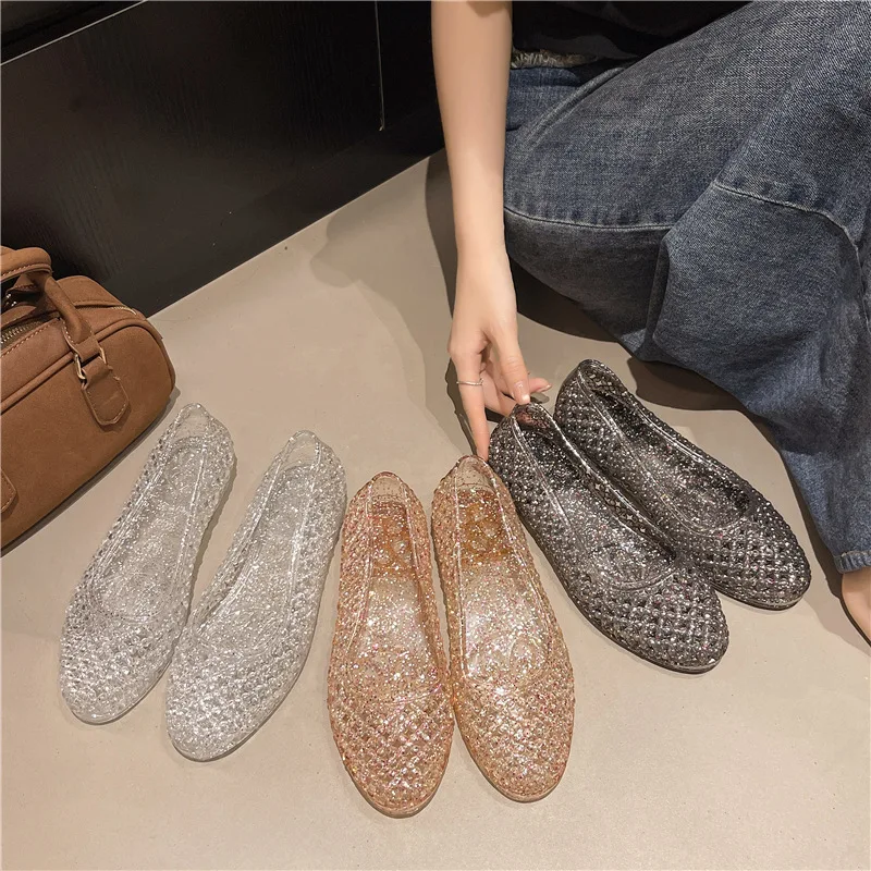 

Summer openwork flat shoes: transparent crystal round-toe and square-toe sandals for women – jelly shoes for indoor and outdoor
