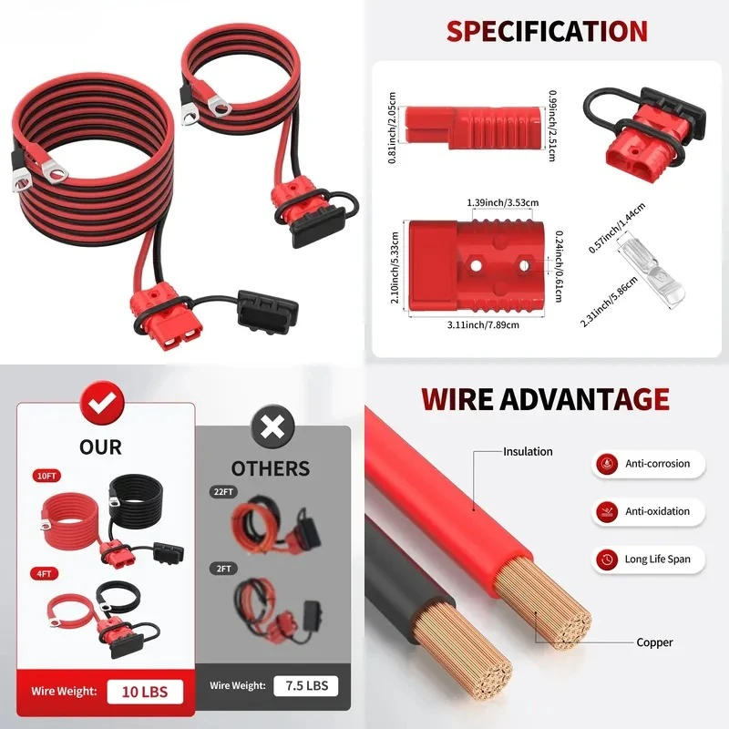 600V 175a Battery Connector Plug Extended 2-Pin Wire Quick Connector with 4ft 10ft 2AWG Copper Cable