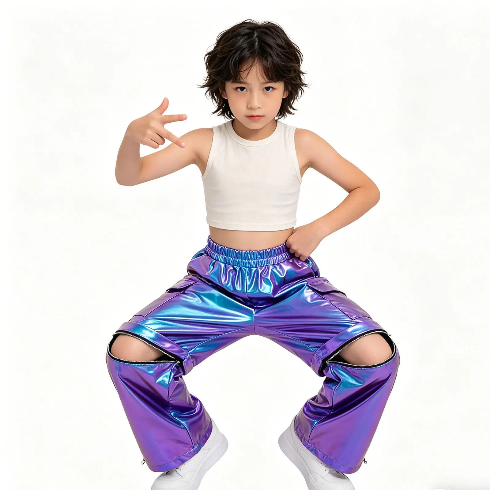 

Kids Boys Girls Metallic Cargo Pants Jazz Dance Costumes Elastic Waistband Shiny Trousers for Modern Hip Hop Street Dancewear