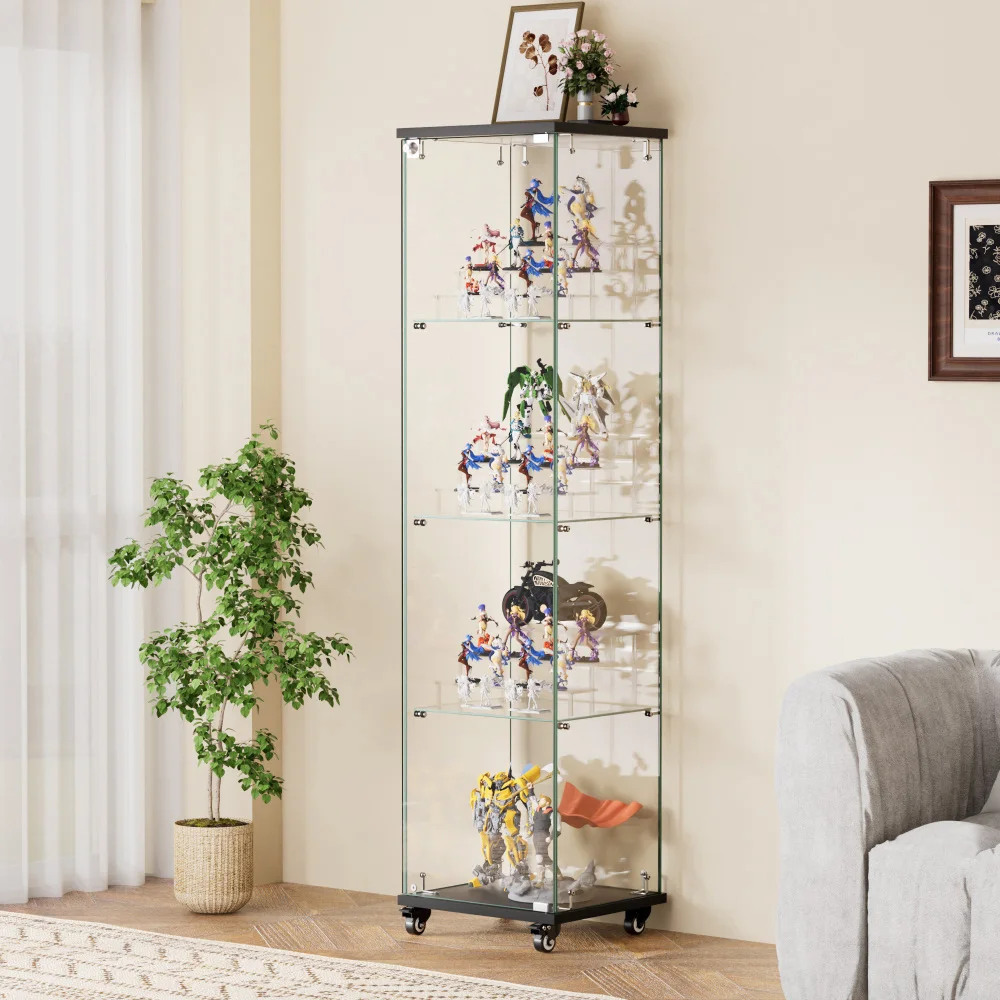 

4 Tier Glass Display Cabinet, Single Door Glass Cabinet with Lock and Wheels, Floor Standing Storage Cabinet