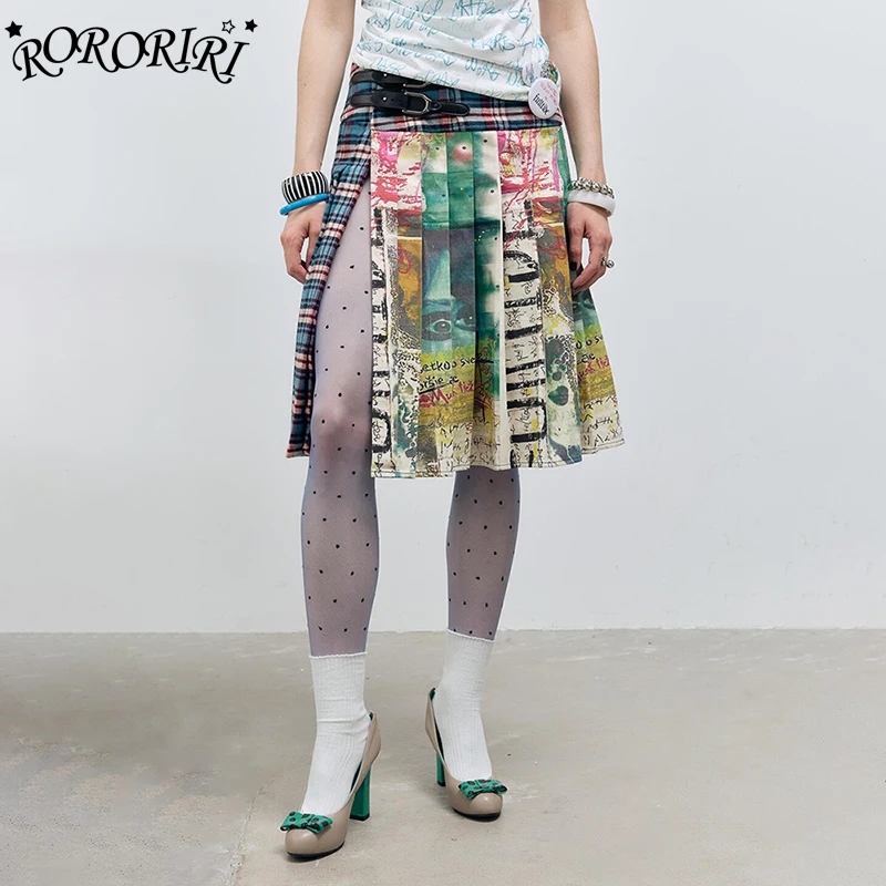 

RORORIRI винтажная плиссированная юбка в клетку с принтом, женская кожаная юбка в стиле панк с пряжкой, длинная юбка до колена с низкой посадкой и разрезом, серая одежда Y2k