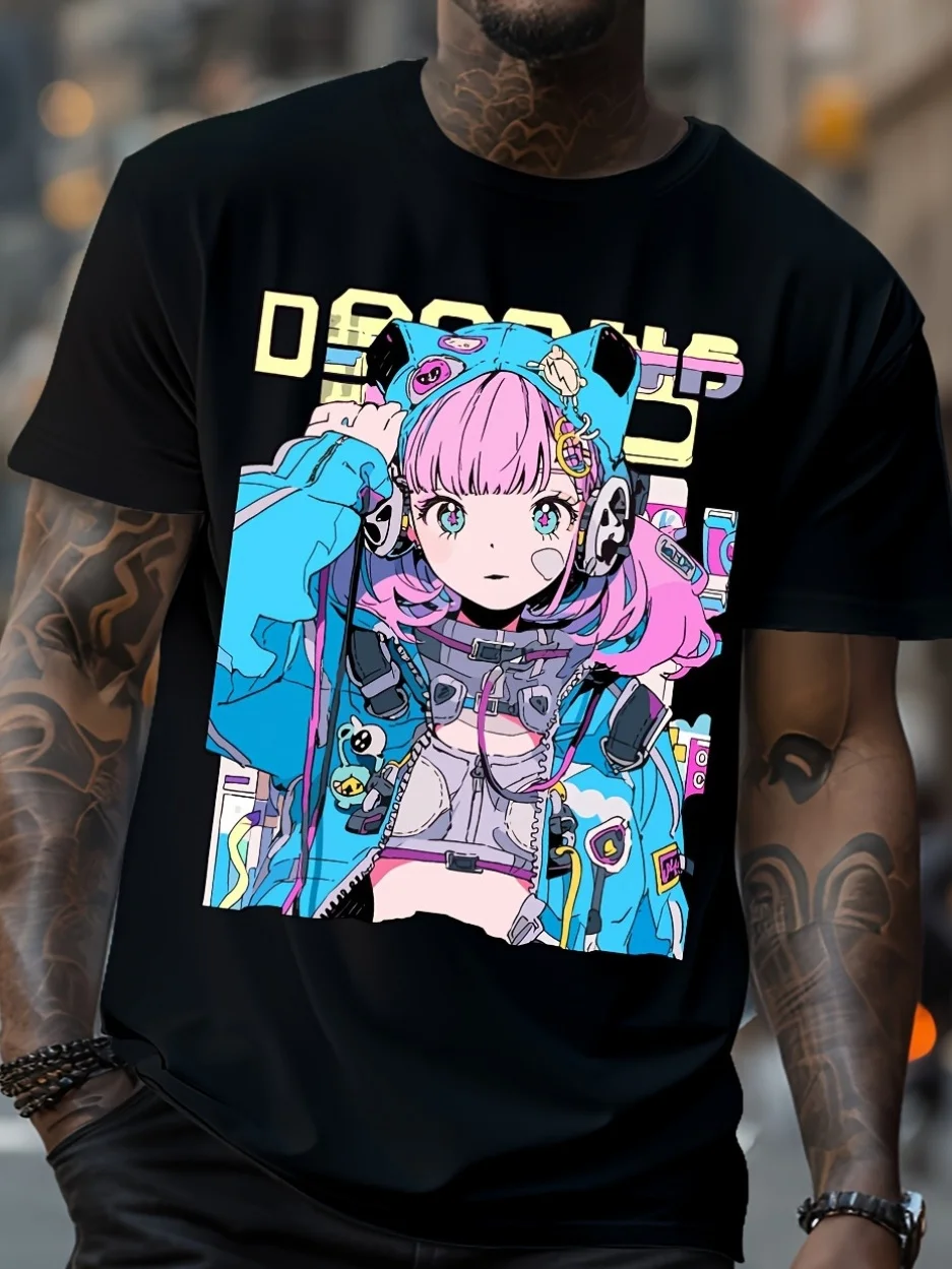 Creative anime girl with headphone illustration printed summer men's crew neck short sleeve T-shirt