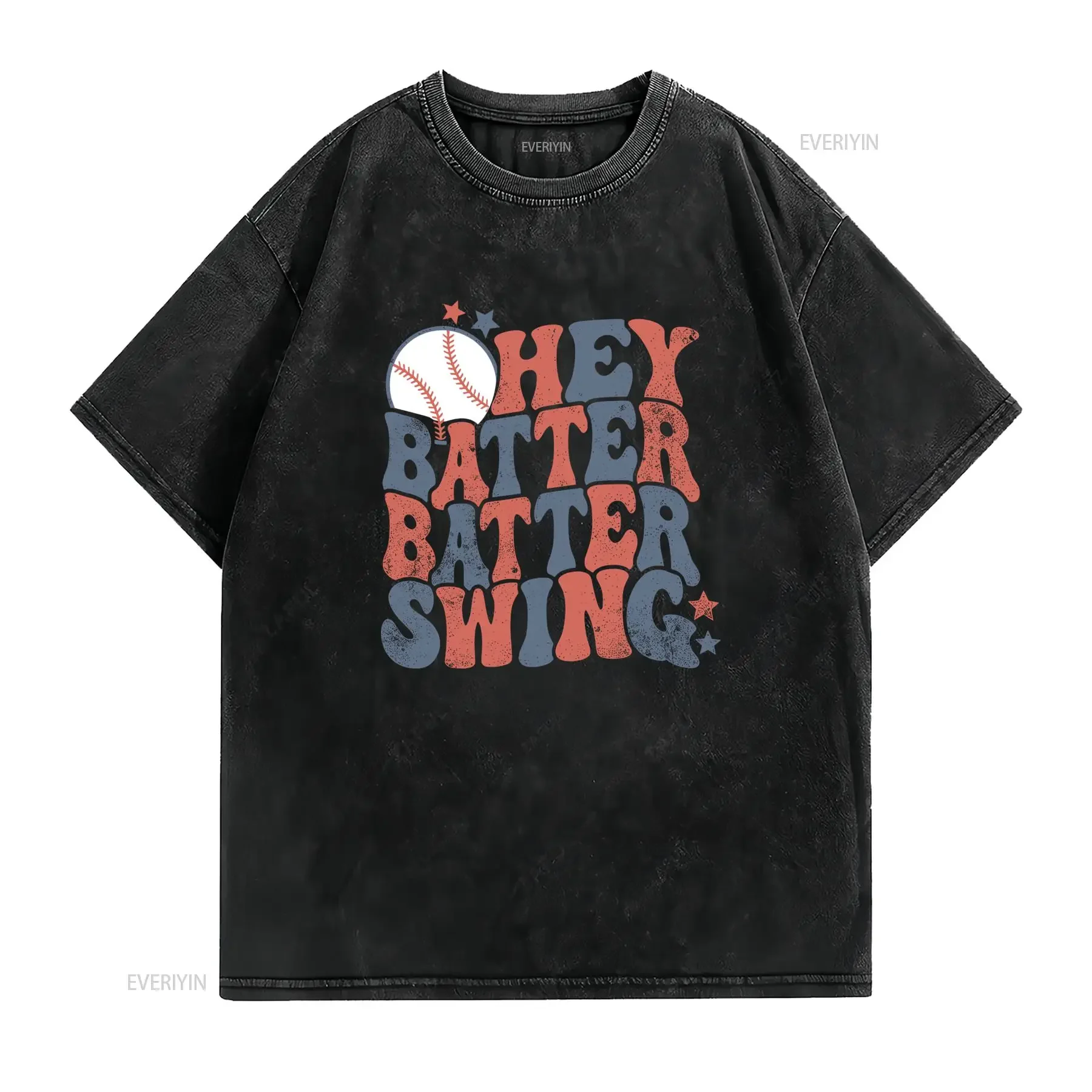 Retro Vintage Baseball Hey Batter Swing Slogan Print Casual T Shirt vintage Washed Stylish Top For Everyday Wear Versatile Soft