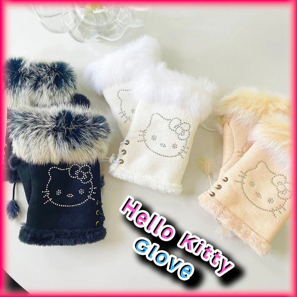 Kawaii New Matte Knit Plush Fingerless Gloves Sanrio Cute Accessory Fashion Plush Rhinestone Girls Y2K Half-Finger Mittens