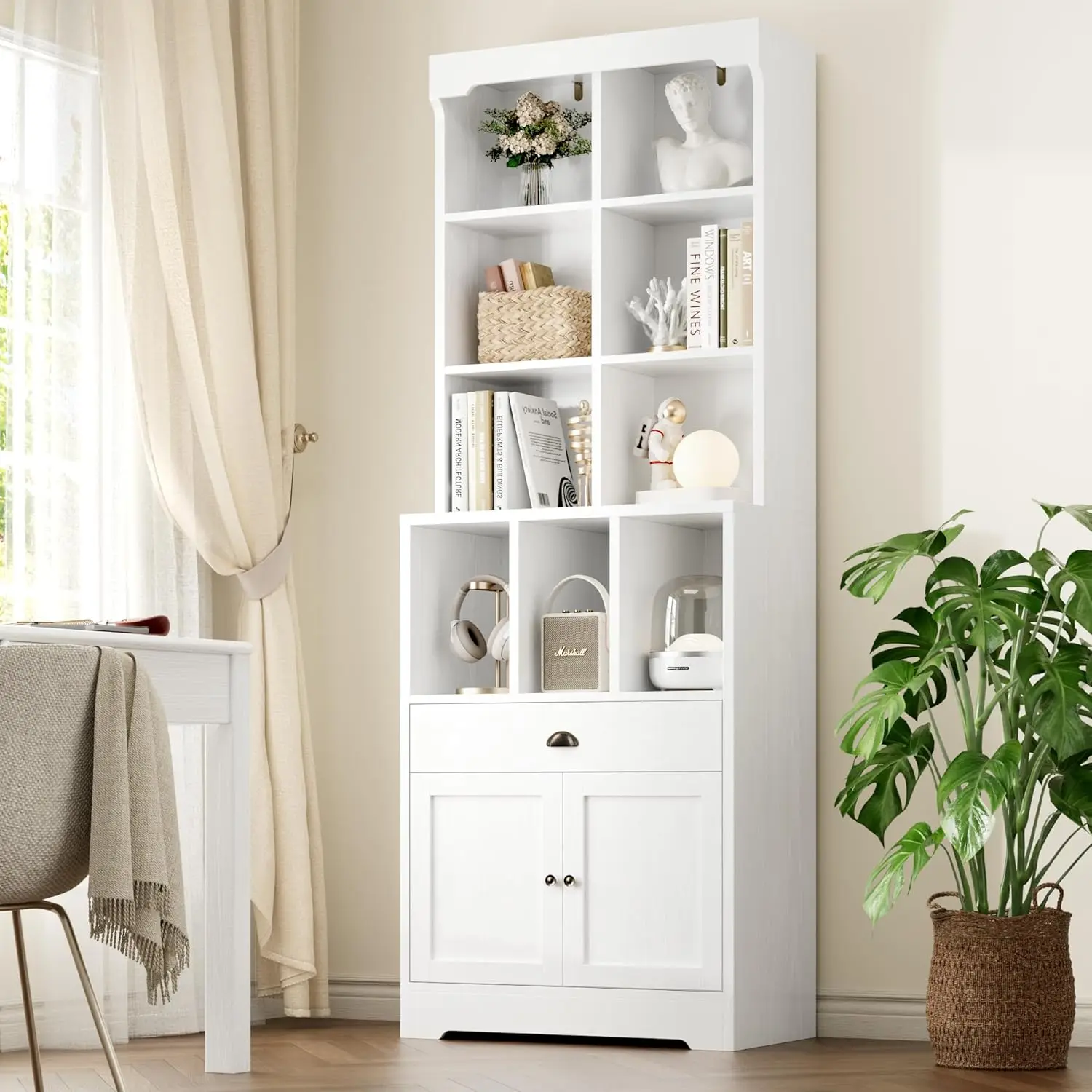 Tall Bookcase with Drawer and Doors, Storage Cabinet and 9 Open Cubes, Wood Book Shelf Case with Adjustable Shelf