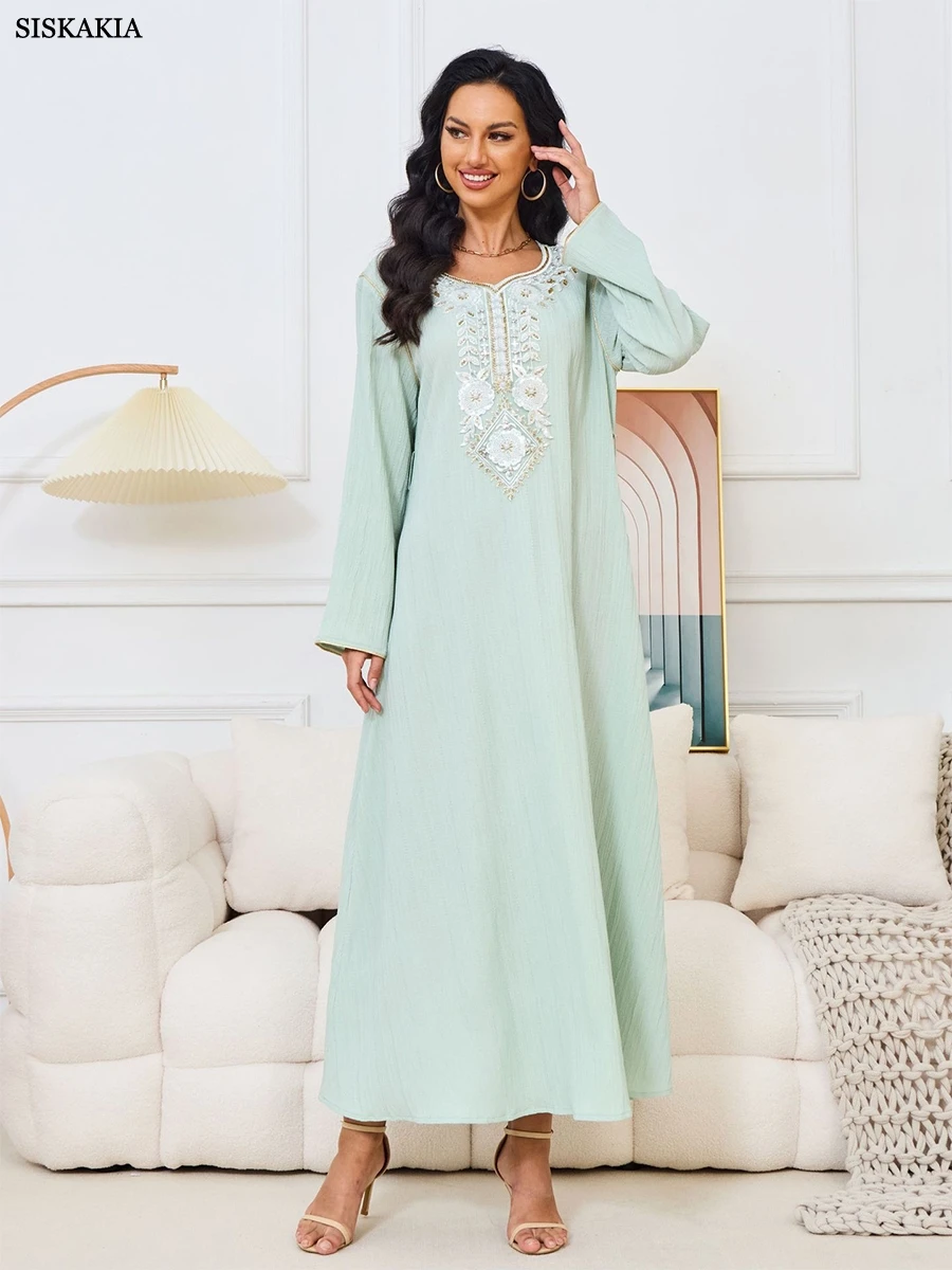 Siskakia Solid Elegant Party Floral Embroidery Beading Long Sleeve V-Neck Dress With Sashes Islamic Gulf Dubai Women Outfits