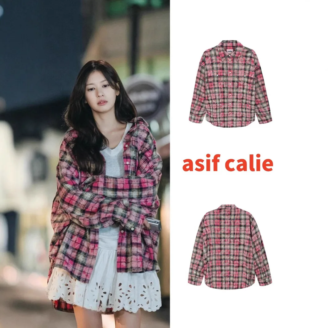 

Asif Calie Korea Plaid Shirt Loose Fit Washed Distressed Shirt Jacket for Women
