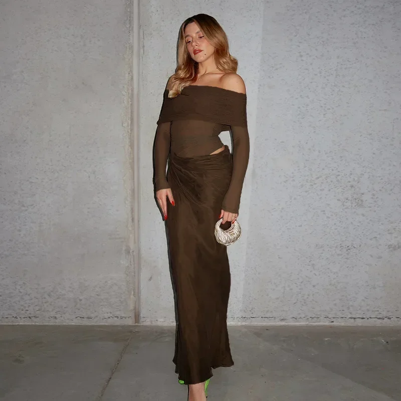 ชุดเดรสยาวตาข่ายซีทรูเซ็กซี่สำหรับผู้หญิง ชุดเดรสยาวแขนยาวแบบเปิดไหล่ข้างเดียว แต่งผ้าต่อกัน เหมาะสำหรับใส่ไปเที่ยวพักผ่อน งานปาร์ตี้ฤดูร้อน หรืองานกลางคืน