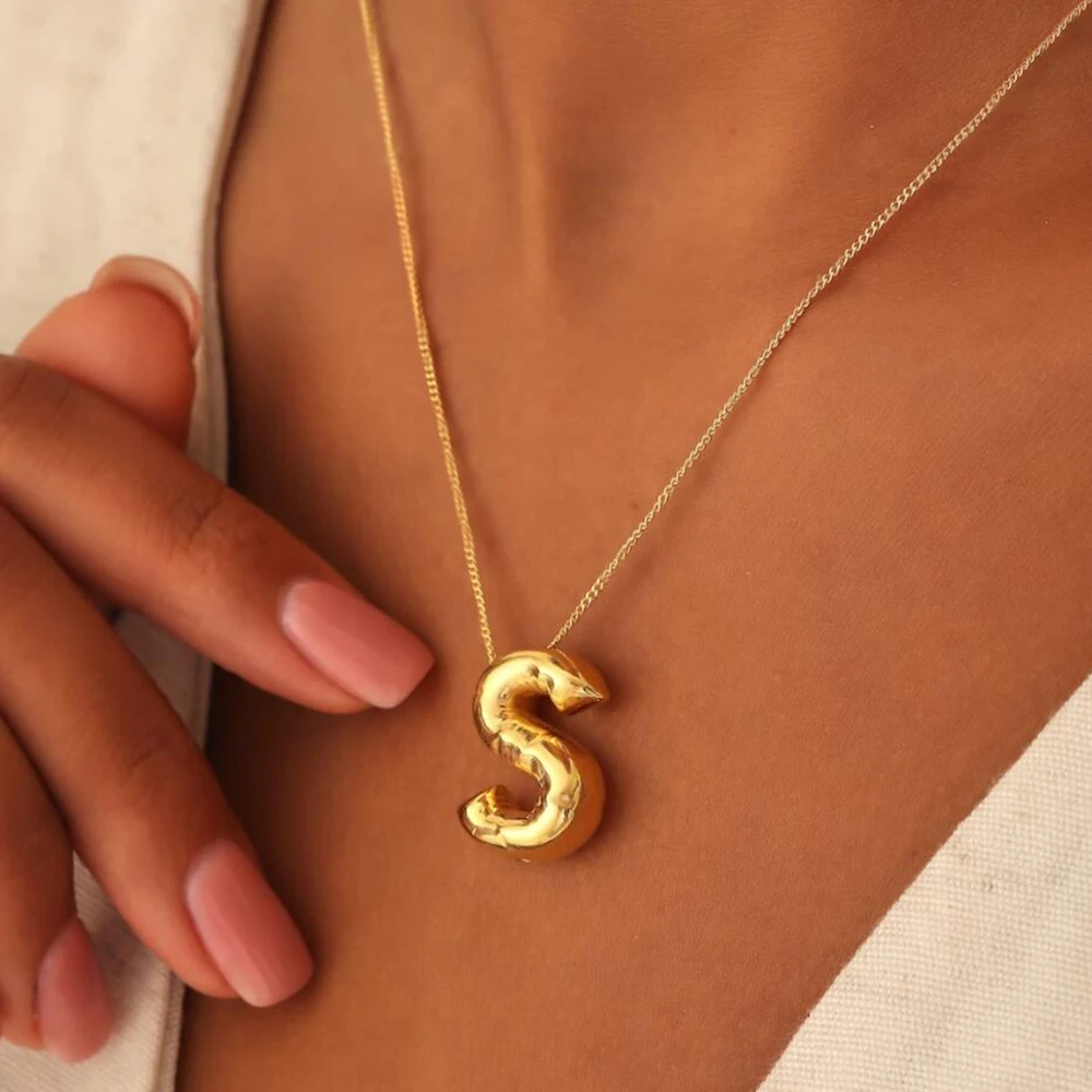 AENSOA Collares Gold Plated Copper Chunky Alphabet Balloon Bubble Initial Letter Pendant Necklace for Women Men Charm Necklaces view 4