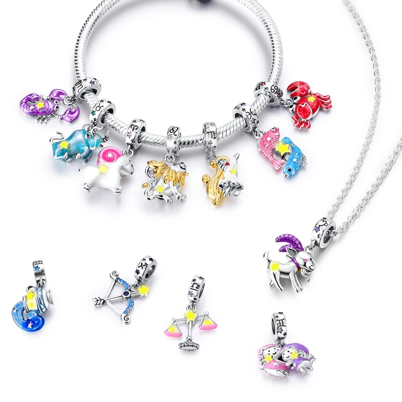 925 Sterling Silver Leo Libra Twelve Constellation Glow In The Dark Charms Pendants Fit Qikaola Original Bracelets DIY Jewelry