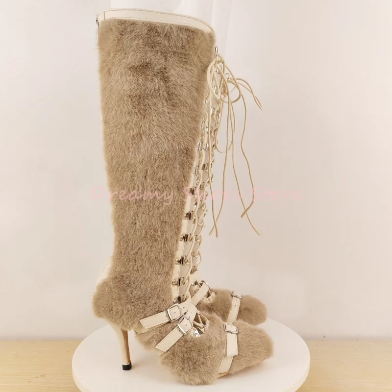 Beige Belt Buckle Cross Strap High Heel Boots Women Back Zipper Pointed Stiletto Knee High Boots Fashion Hollow Party Lady Shoes