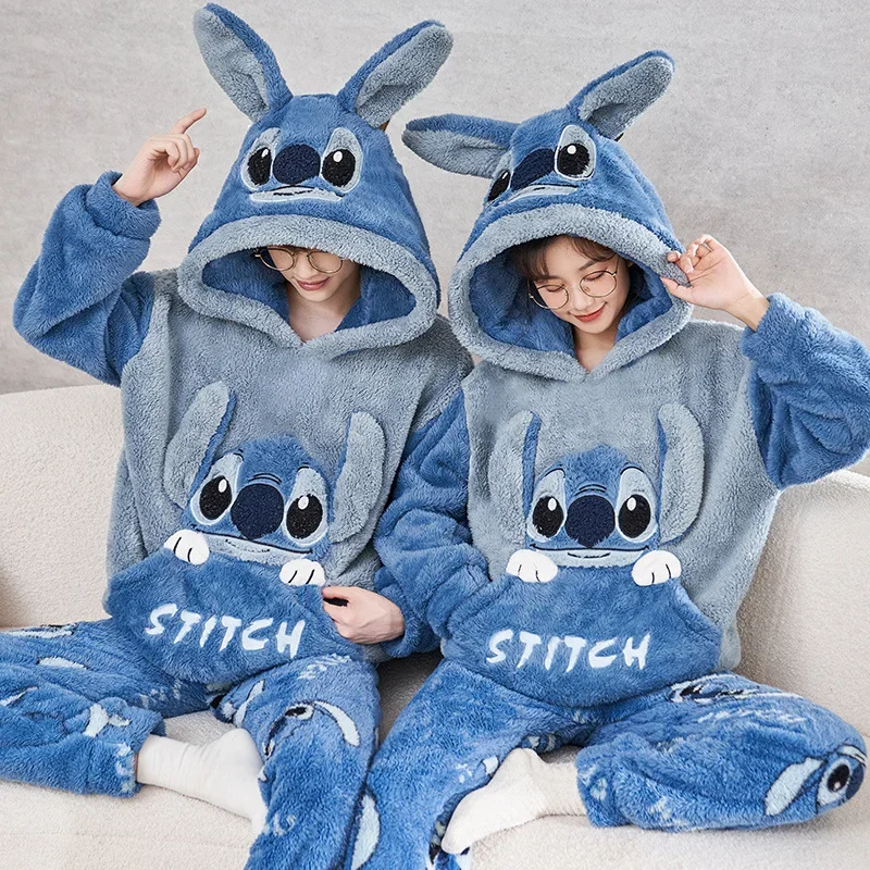 Cartoon Disney couple pajamas winter warm   couple suit hooded plush two-piece set Disney   loungewear Stitch women's pajamas