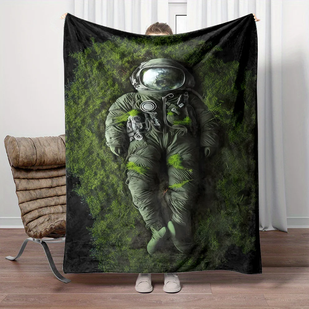 Space Astronaut Print Flannel Blanket Mixed Color Reversible All-Season Soft Polyester Throw, Modern Lodge Style for