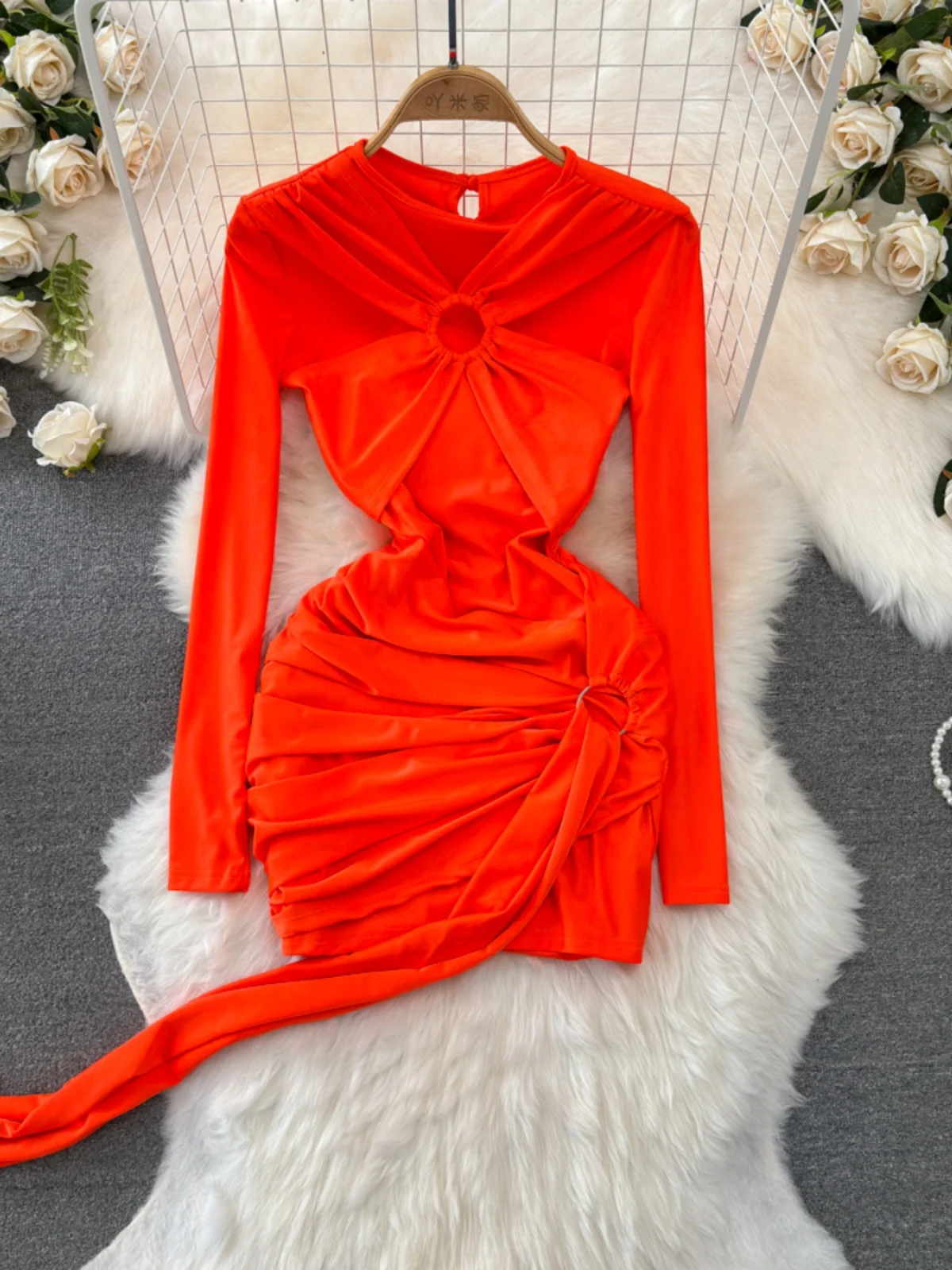 Foamlina Spring Fashion Sexy Girls Long Sleeve Tight Waist Slimming Short Mesh Base Dress Women Trendy Orange Bottom Dresses