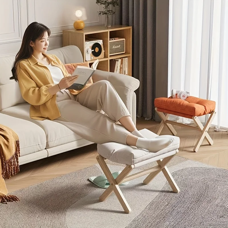 قطعة واحدة من مسند القدمين للأريكة القابل للطي على شكل X - مقعد منخفض من الخشب الصلب مع مساند للذراعين مفصلية، تصميم مستطيل لغرفة المعيشة