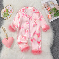 MISOWMNJOY Satin Baby Girls Pajamas Spring Long Sleeve Bow Print Furry Patchwork Button Closure Jumpsuit Sleepwear Loungewear