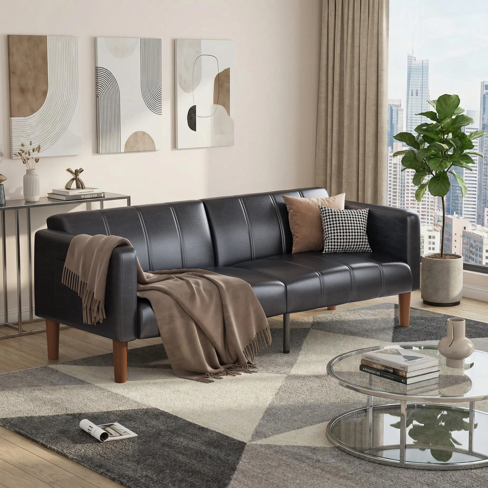 Space-Saving Convertible Futon Sofa Bed - 75-Inch Brown PU Leather Loveseat Couch with Adjustable Backrest & Side Pockets - Mid-Century Modern, Perfect for Small Living Room or Bedroom