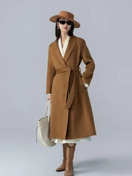 Cappotto da donna lungo e semplice con colletto alla frutta verde autunno e inverno nuovo cappotto in lana di lana di cammello 35% Top tutto abbinato per pendolari