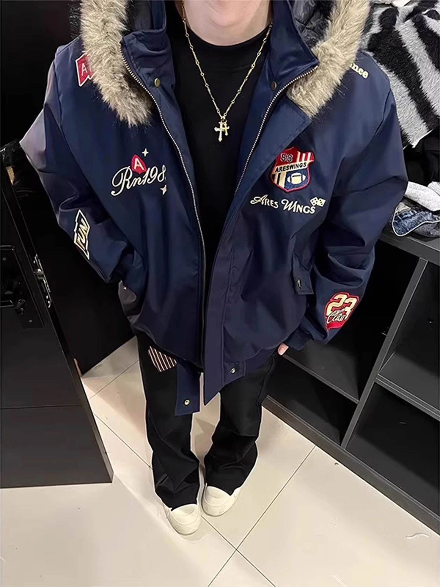 

Retro American Embroidered Bae Cotton Jaet Men's Winter Thi Warm Small Design Flight Jaet Outerwear Youth Casual