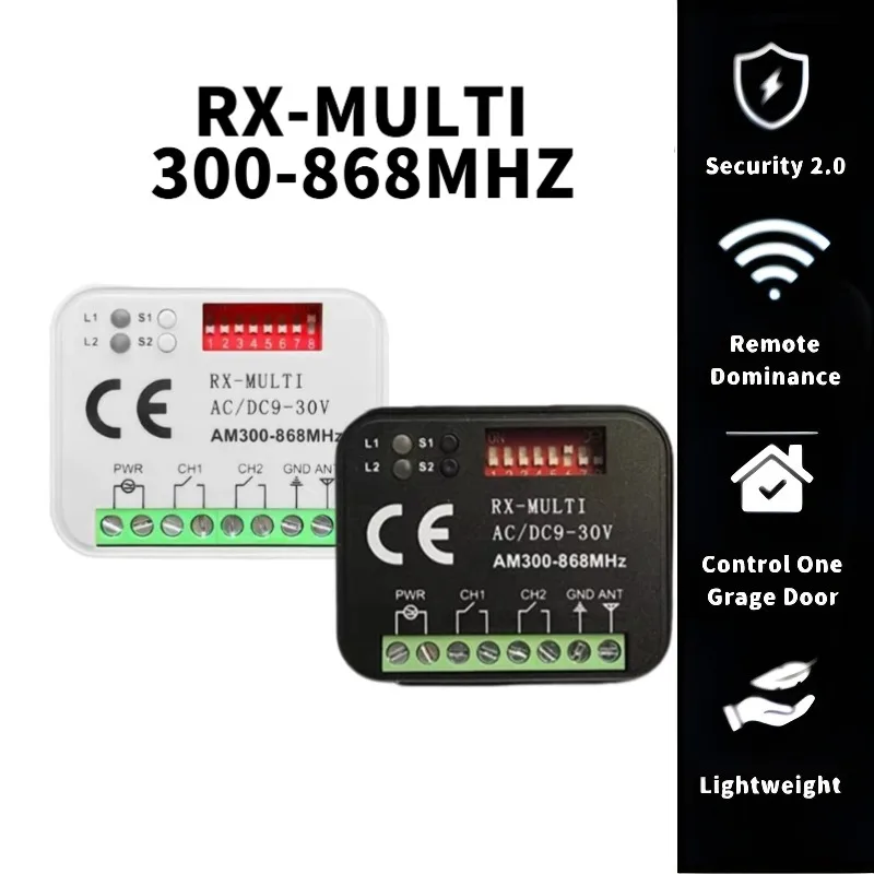 

Universal Garage Remote Control Receiver MULTI RX 300-900MHz 9-30V Relay Module Rolling&Fixed Code Command Transmitter Box